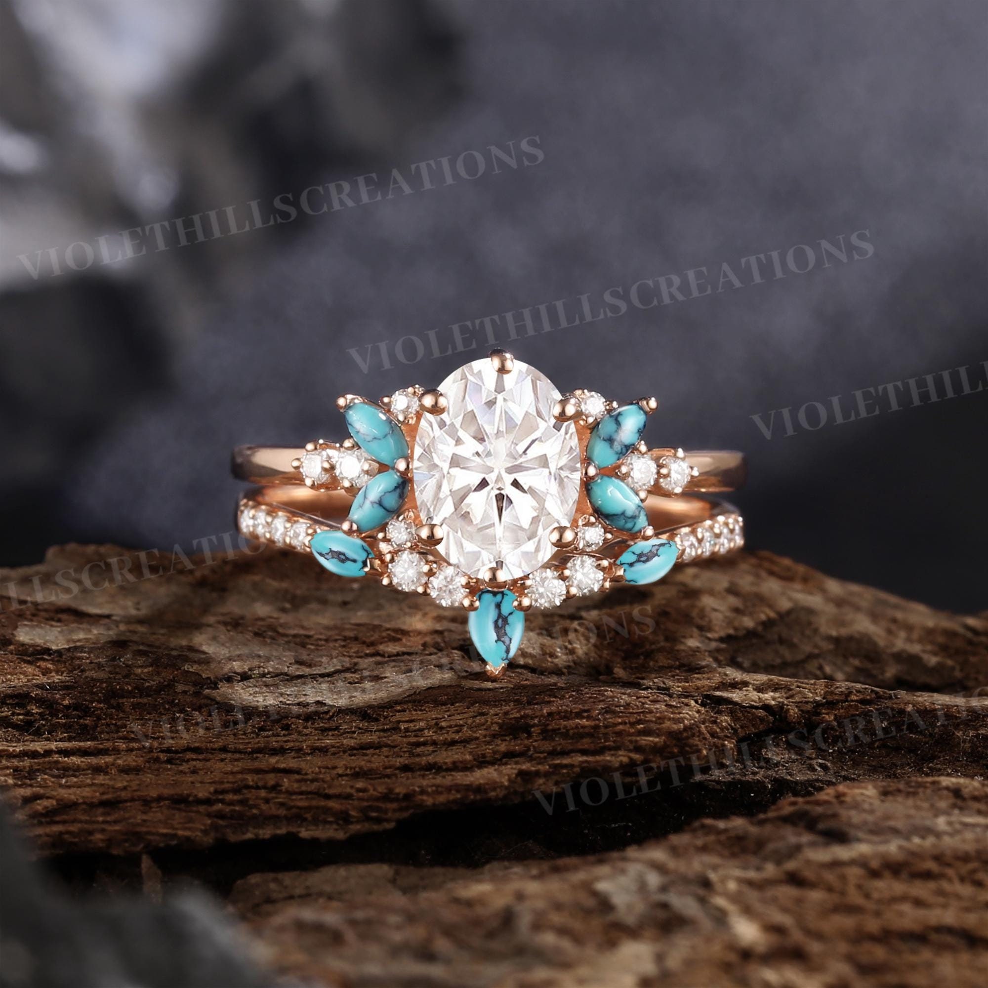 Moissanite Engagement Ring Set Oval Cut Moissanite Wedding Ring Set Marquise Cut Turquoise Ring Rose Gold Turquoise Band Promise Ring Set