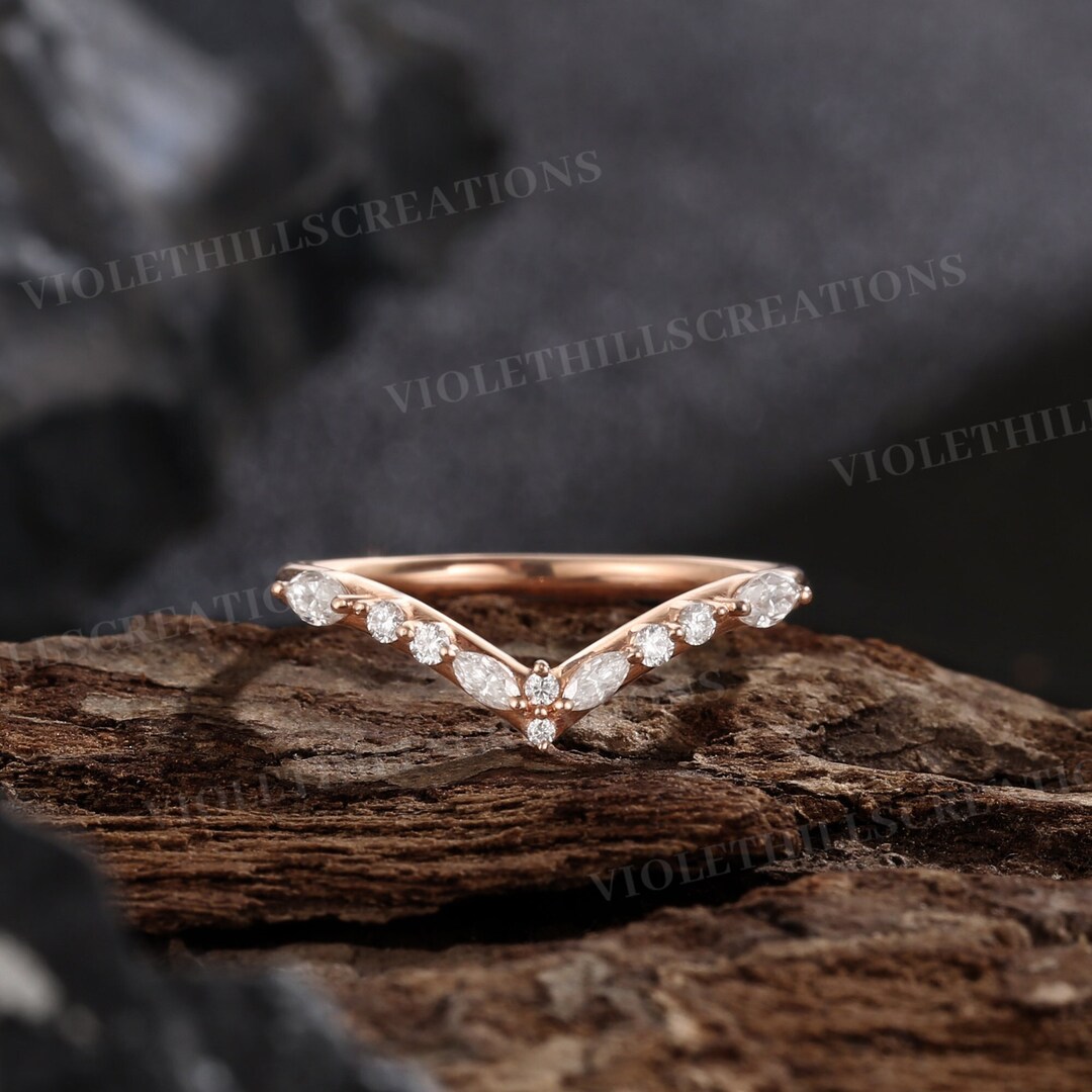 Art Deco Marquise Cut Moissanite Wedding Band Rose Gold Moissanite ...