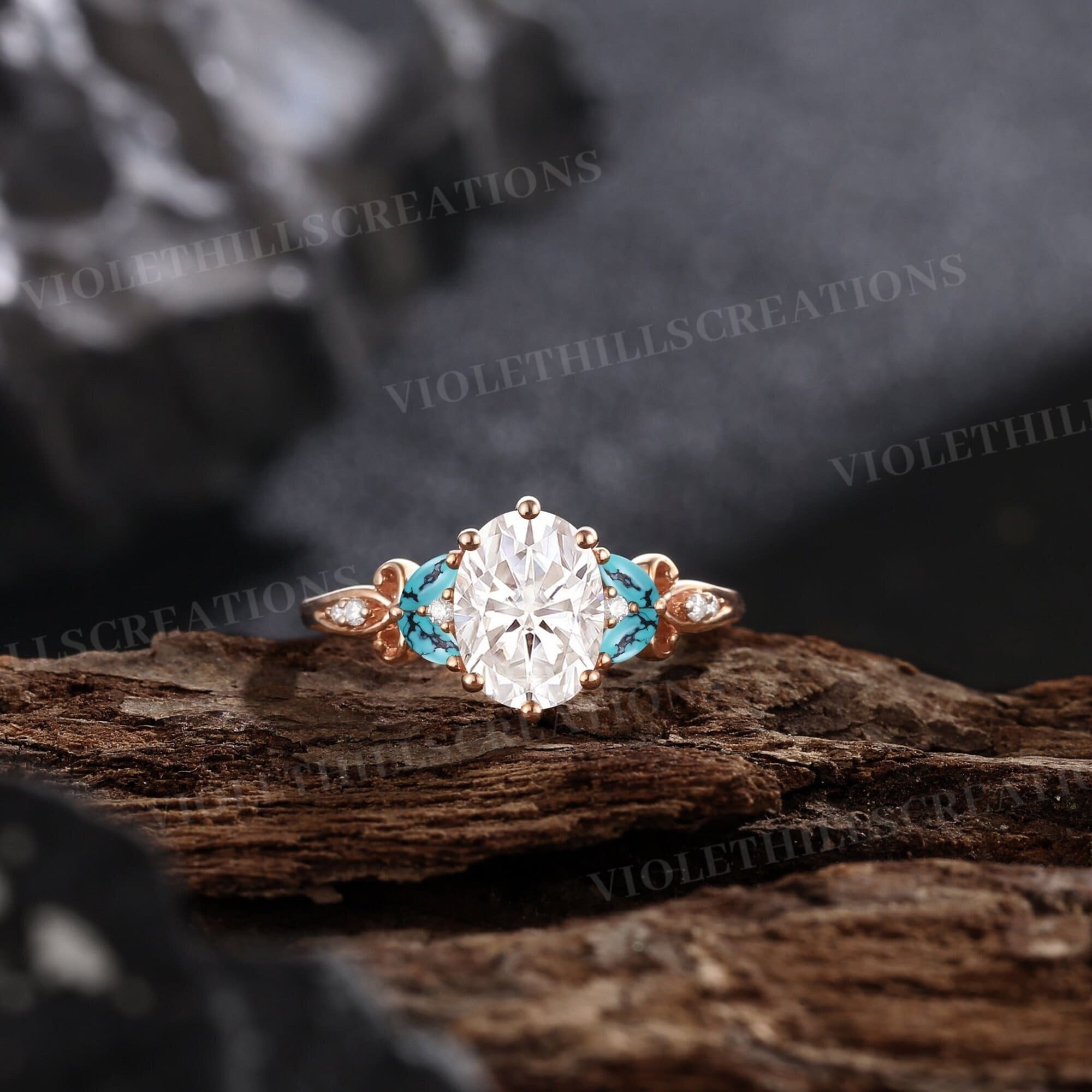 Vintage moissanite engagement ring cluster turquoise wedding ring rose gold rings for women oval moissanite promise ring anniversary gift