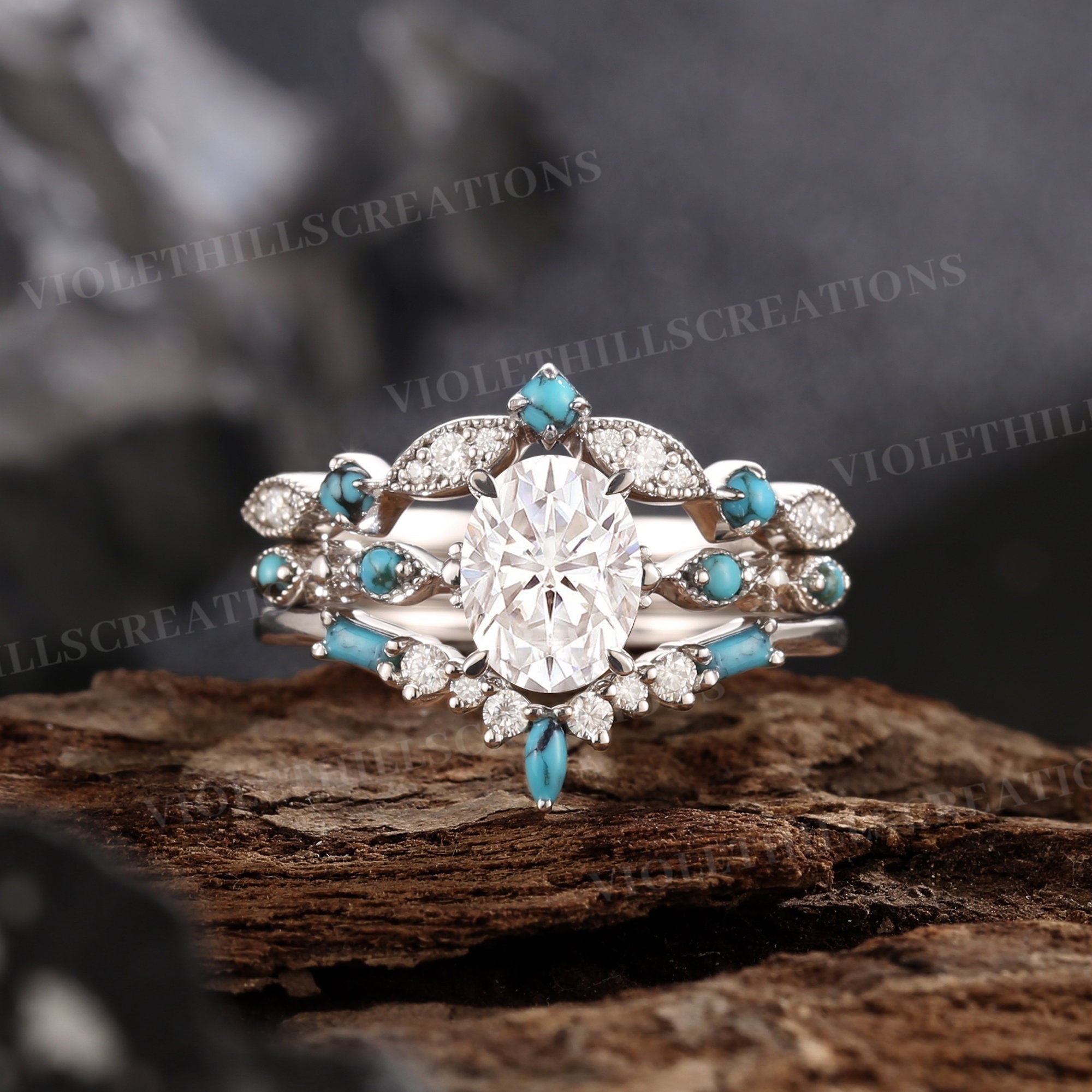 Vintage Oval Moissanite Engagement Ring Set Turquoise Wedding Ring Moissanite Turquoise Wedding Band 3pcs Promise Rings Set Anniversary Gift
