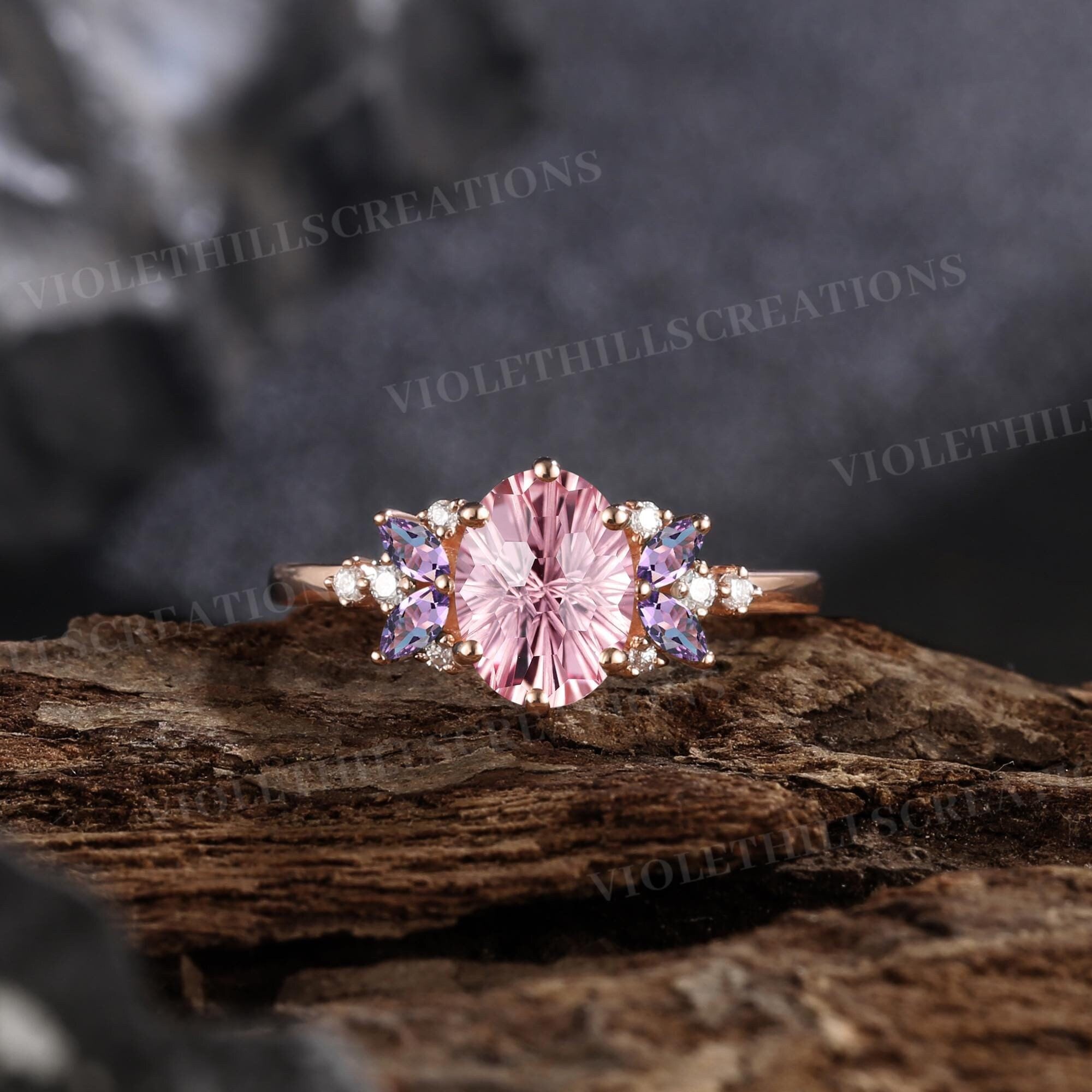Fireworks Cut Pink Sapphire Engagement Ring Set Moissanite Purple Amethyst Ring Rose Gold Rings For Women Oval Brilliant Pink Sapphire Ring