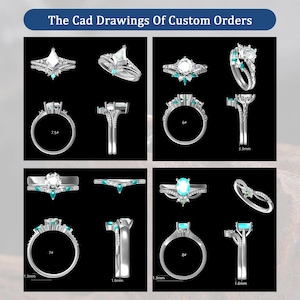 May include: A collection of CAD drawings of custom rings featuring various silver bands, clear stones, and teal accents. The images display multiple angles of ring designs, including top and side views, with some labels indicating sizes like 7.5#, 6#, 7#, and 8#.