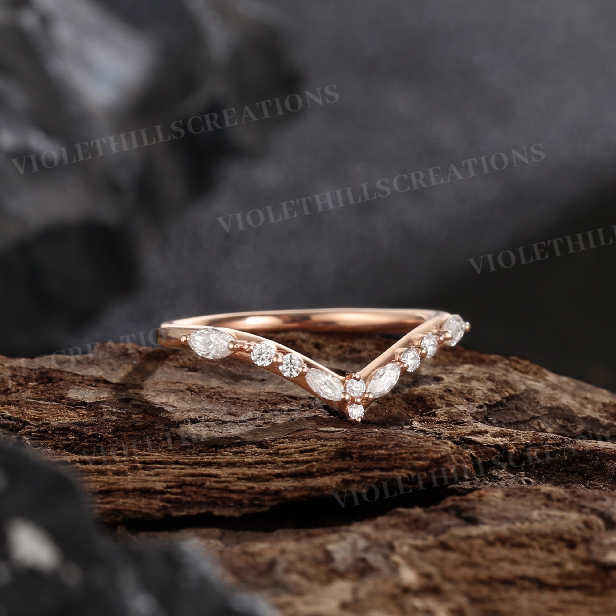 Art Deco Marquise Cut Moissanite Wedding Band Rose Gold Moissanite ...