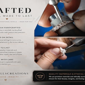May include: A promotional graphic for VIOLETHILLSCREATIONS handmade jewelry featuring text about craftsmanship. Two inset photos show a metal tool setting clear stones into a silver-toned ring band and refining a small metal jewelry component.