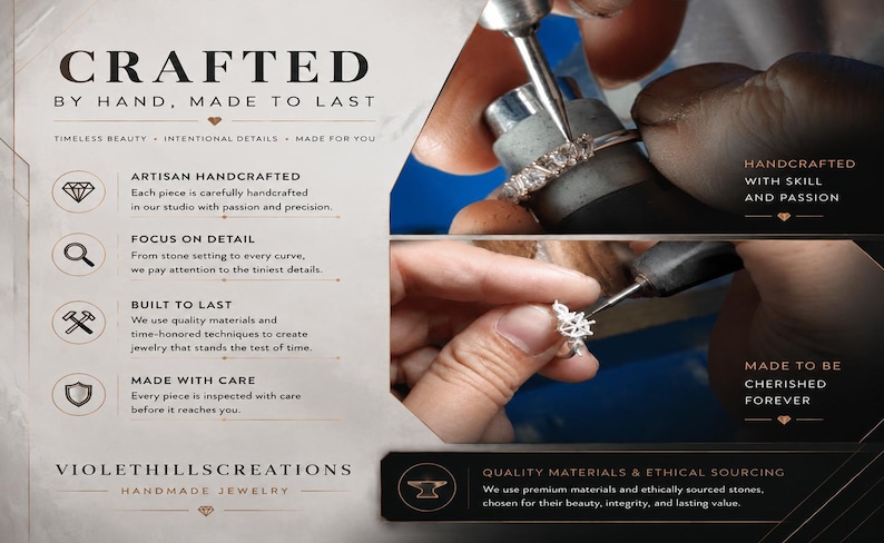 May include: A promotional graphic for VIOLETHILLSCREATIONS handmade jewelry featuring text about craftsmanship. Two inset photos show a metal tool setting clear stones into a silver-toned ring band and refining a small metal jewelry component.