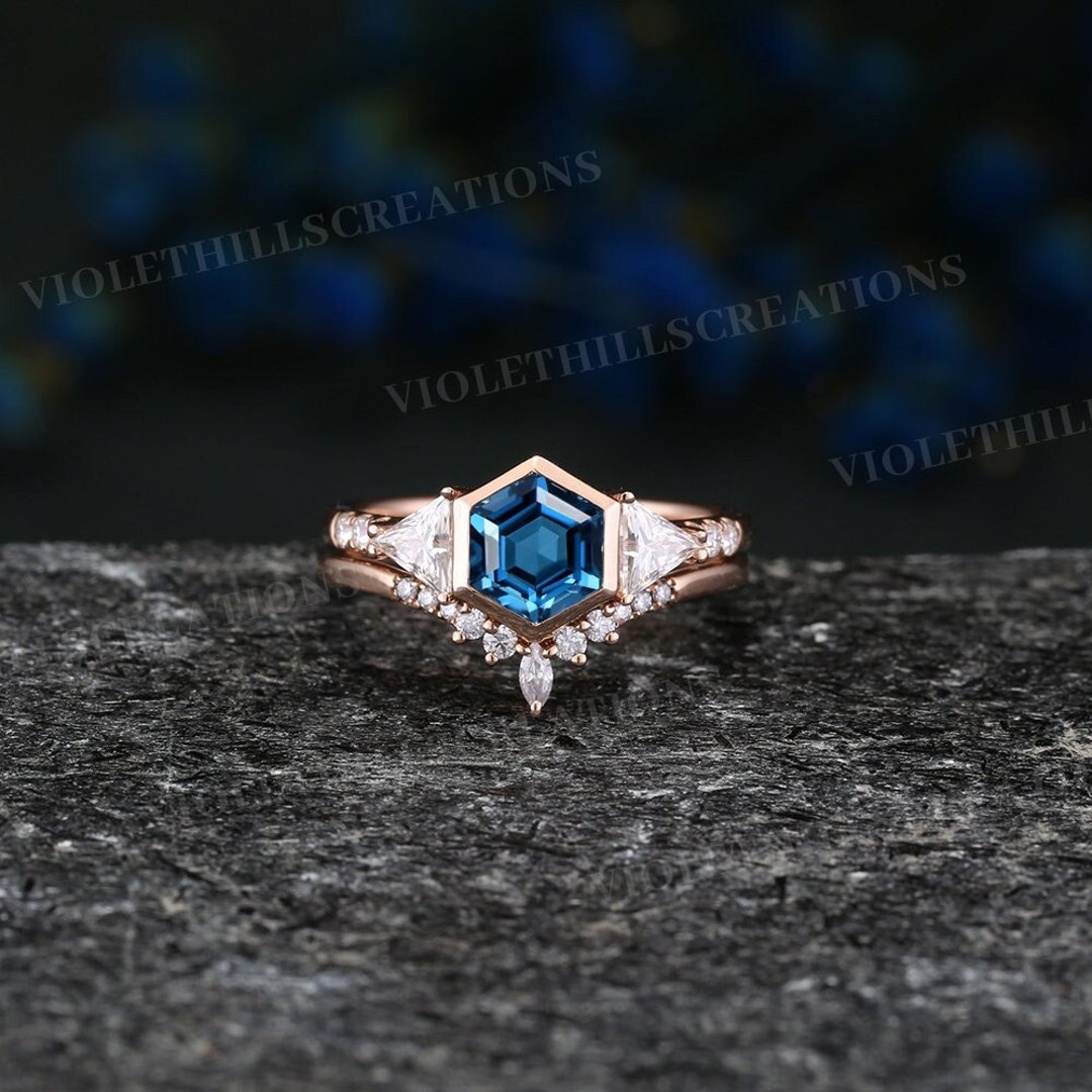 Vintage London Blue Wedding Ring Set Hexagon Blue Topaz Etsy