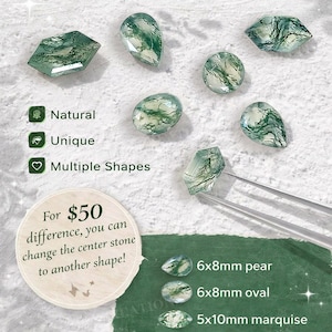 May include: A collection of loose moss agate gemstones in various cuts including pear, oval, marquise, round, and princess. The image displays text labels for shapes and sizes, such as 6x8mm pear, 6x8mm oval, 5x10mm marquise, 7mm round, and 6.5mm princess cut.