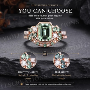 May include: A rose gold ring featuring a large emerald-cut light green center stone, surrounded by marquise-cut green side stones and round white accent stones. The image displays two color options for the side stones: light teal green or teal green.