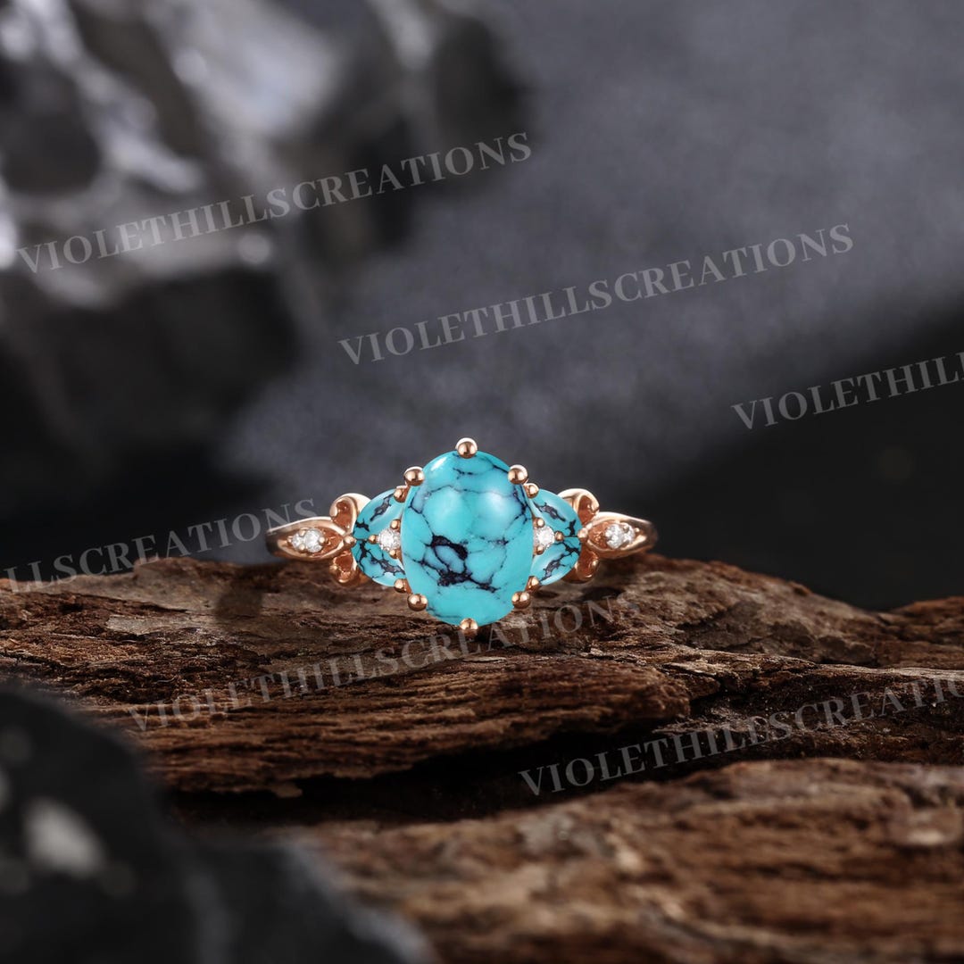 Vintage Turquoise Engagement Ring Cluster Turquoise Wedding Ring Rose ...