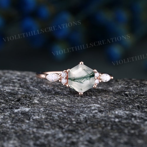 Moss agate engagement ring green gemstone promise sales ring unique round moissanite cluster minimalist rings anniversary ring gifts for her