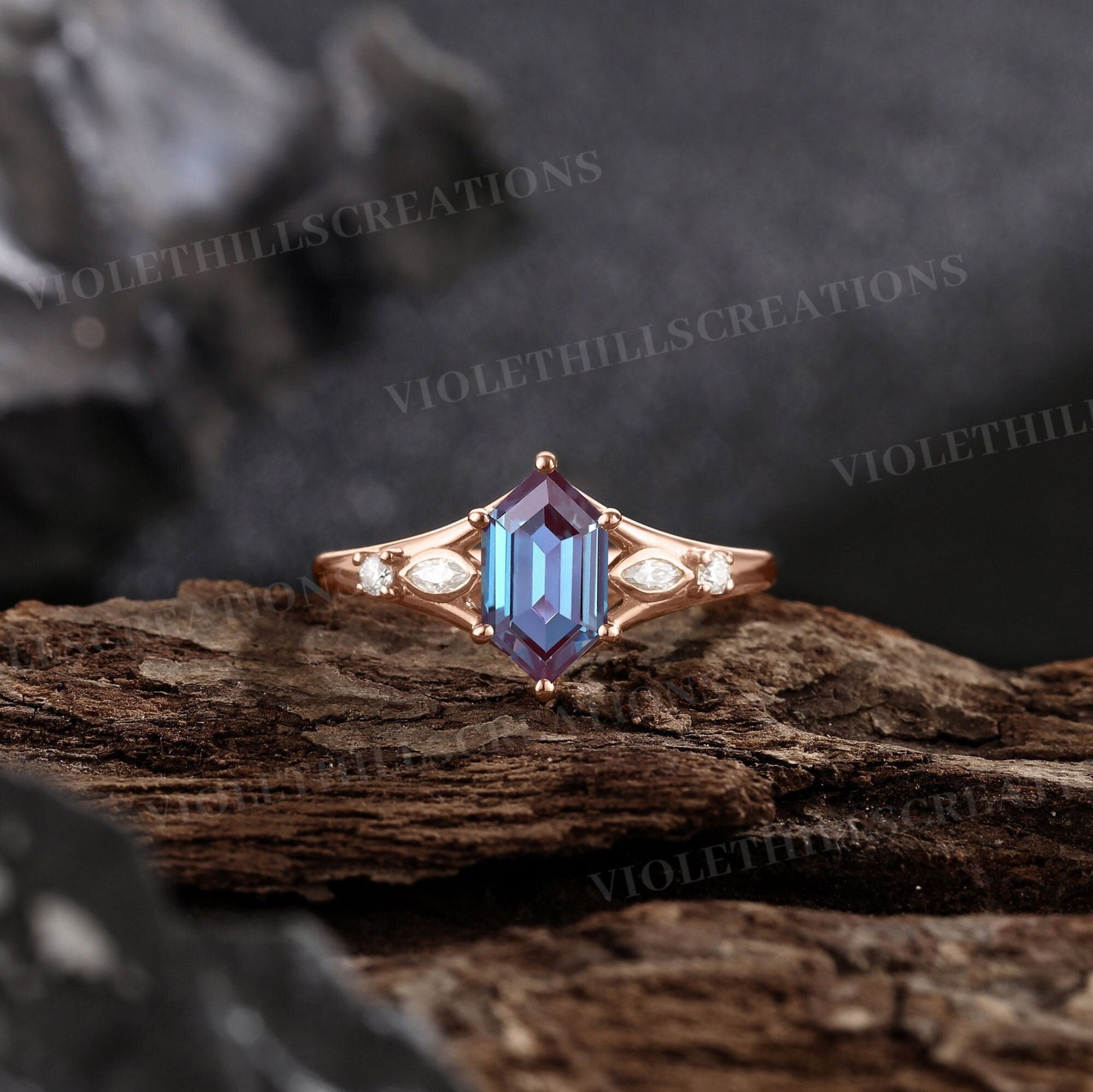 Elongated Hexagon cut alexandrite engagement ring marquise round moissanite ring rose gold rings for women promise ring anniversary ring