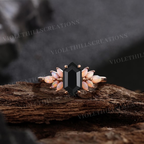 Vintage Black Onyx Ring Long Hexagon Cut Ring Opal Rose Gold Band