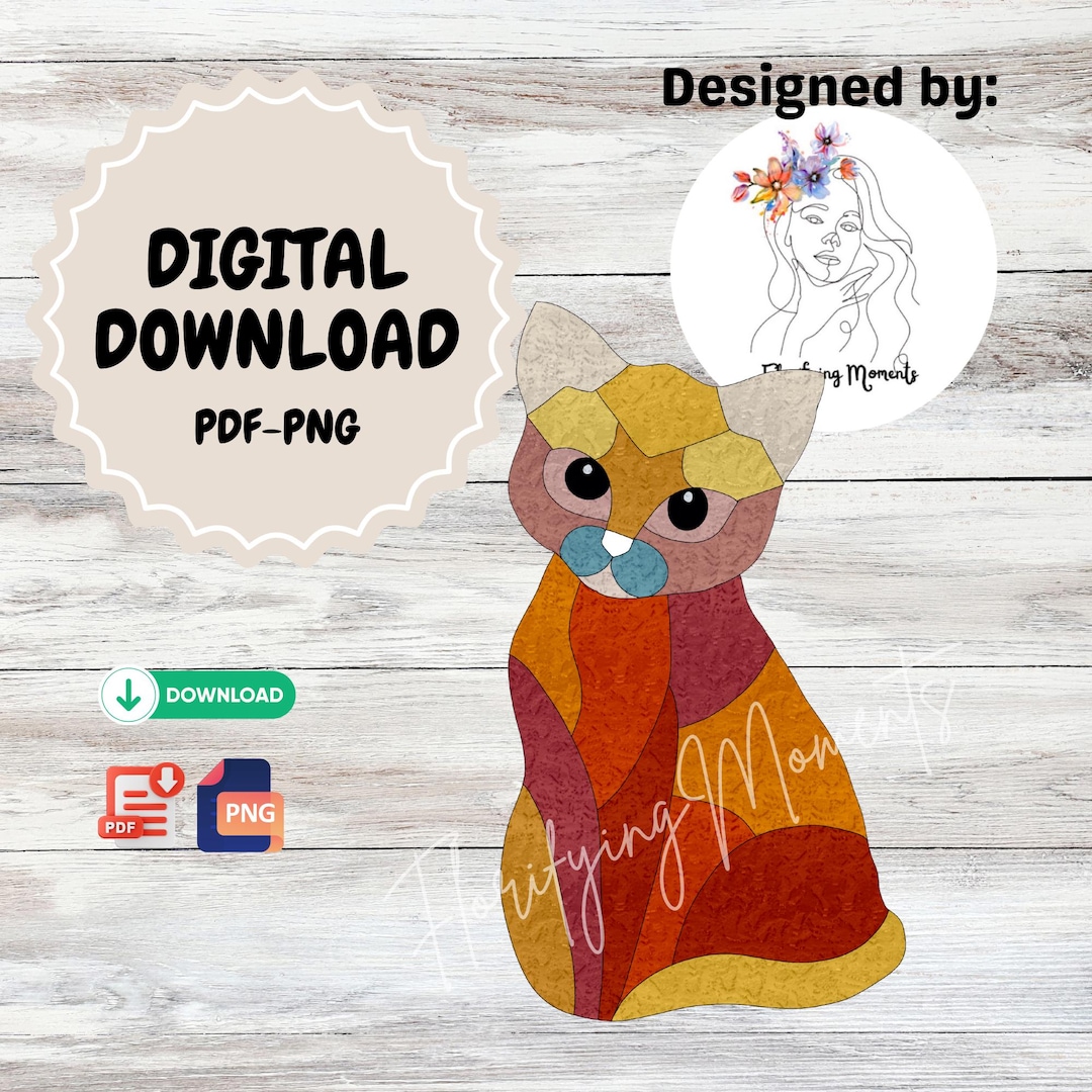 Cat Stained Glass Pattern | Digital Download PDF + PNG | DIY Feline ...