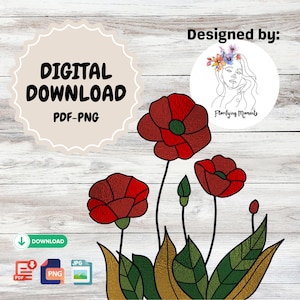 Poppy Flowers Stained Glass Pattern | Digital Download | PNG and PDF for DIY Stained Glass Art