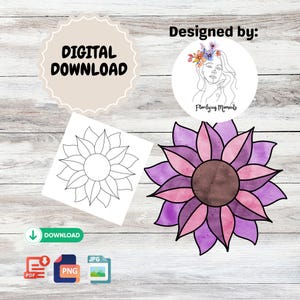 Easy Stained Glass Pattern – Floral Design, Beginner-Friendly Flower Template, DIY Glass Art Digital Download, Png, Jpg and PDF