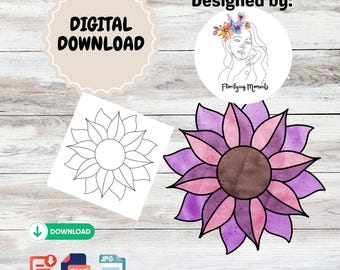 Modèle de vitrail facile - Design floral, modèle de fleur adapté aux débutants, téléchargement numérique d'art sur verre DIY, Png, Jpg et PDF