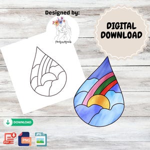 Mönster med regnbågssol och moln i målat glas | Digital nedladdning | Gör-det-själv-mall för målat glas | Solfångardesign | Direkt PDF, Jpg, Png