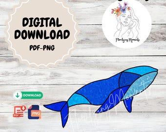 Patrón digital de vitral de ballena: descarga en PDF y PNG para principiantes / Diseño ajustable para atrapasol colgante o estaca para plantas