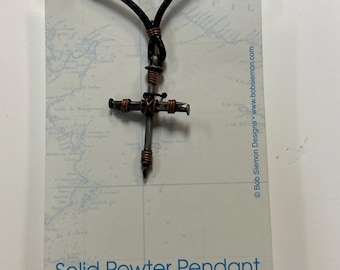 Bob Siemon 1”  Nail and Copper Wire Cross Pendant on Leather Cord, 30"