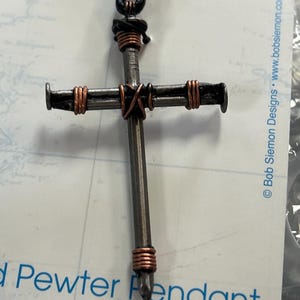 Bob Siemon 2” Nail and Copper Wire Cross Pendant on Leather Cord, 30"