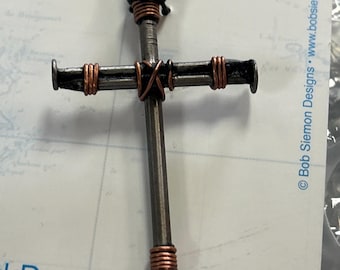 Bob Siemon 2” Nail and Copper Wire Cross Pendant on Leather Cord, 30"