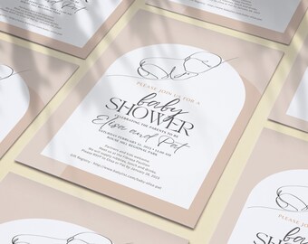 Stoffig roze boog babyshower uitnodiging - minimalistische sjabloon (digitale download)