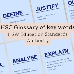 Może przedstawiać: Niebiesko-biały słownik kluczowych słów dla NSW Education Standards Authority. Słowa obejmują: "Zdefiniować", "Uzasadnić", "Zaryzykować", "Opisz", "Zanalizować", "Wyjaśnij" i "Oceń".