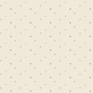 May include: A seamless pattern of small, light brown stars and four-pointed stars on a light beige background.