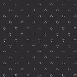 May include: A black and white seamless pattern with a repeating design of a small white starburst. The starburst is made up of a circle with five points.