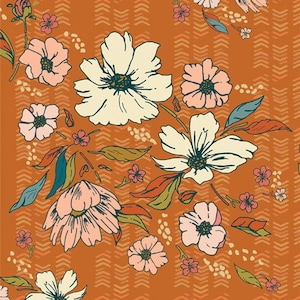 May include: A seamless pattern featuring white, pink, and orange flowers on a brown chevron background. The flowers are stylized and have a vintage feel.