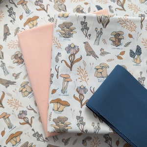 May include: A white fabric with a repeating pattern of mushrooms and birds. The fabric is layered with a pink fabric and a blue fabric.