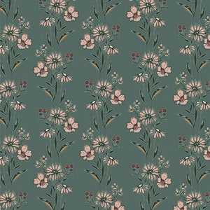 May include: A seamless pattern featuring pink and white flowers with green stems and leaves on a teal background.