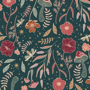 May include: A teal background with a repeating pattern of red, pink, and white flowers, mushrooms, and leaves. The pattern is outlined in black and has a whimsical, vintage feel.