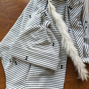 Swaddle + Hat | Neutral baby blanket | Knotted Hat | Knit | Stretchy | Baby Swaddle Top Knot Hat Gender Neutral Striped Navy White Nursery