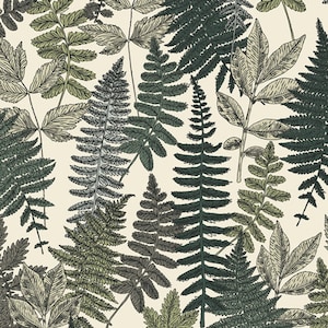 May include: A seamless pattern featuring a variety of ferns in shades of green and brown on a cream background.