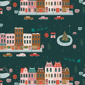 Op de afbeelding: Een feestelijke illustratie van een winterstad met kleurrijke huizen, een kerstboom en een besneeuwde achtergrond. De illustratie heeft een herhalend patroon van huizen, bomen en andere winterse elementen.