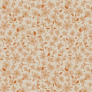 May include: A seamless pattern featuring a repeating design of small, light pink flowers with orange stems and leaves on a light beige background.