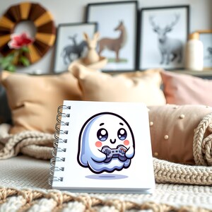 Cute kawaii cheerful ghost gamer, whimsical cozy spooky video game, kiss cut sticker, laptop, planner, water bottle, notebook, journal, fun