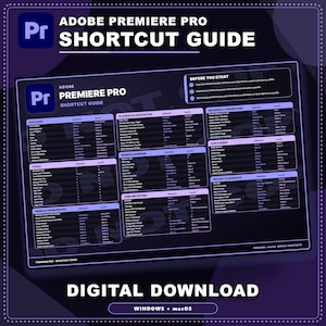 May include: A dark purple Adobe Premiere Pro shortcut guide featuring a comprehensive table of keyboard commands for Windows and macOS. The layout includes sections for file editing, tools, playback, markers, timeline editing, and project graphics.
