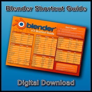 May include: An orange and white printable cheat sheet with the Blender logo and the text "Blender Shortcut Guide 4.3 Shortcut Guide". The cheat sheet lists keyboard shortcuts for different Blender functions, including general, object mode, sculpt mode, node wrangler, and camera.