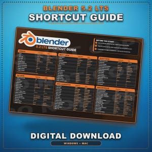 May include: A rectangular Blender 5.2 LTS shortcut guide featuring a black background with orange text and borders. The guide displays keyboard commands for Windows and Mac across sections including General, Object Mode, Sculpt Mode, and Node Wrangler.