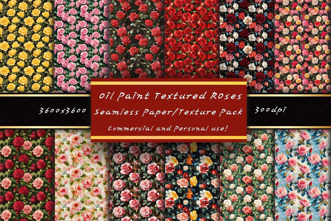 Paper Texture Type Roses Oil Paint Roses Digital Paper Pack, Fully Seamless Pattern and High ...