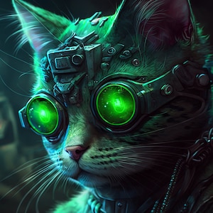 Cyberpunk Cat - Digital Art Print, AI Generated, Wall Art, Square, AI Art, Digital Download, Home Decor, Printable, Midjourney, Cat, Punk