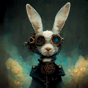 Steampunk Rabbit #4 - Digital Art Print, AI Generated, Wall Art, Square, AI Art, Digital Download, Home Decor, Printable, Midjourney, Animal