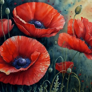 Crimson Poppies - Digital Art Print, AI gegenereerd, muur, 3:2, AI Art, digitaal downloaden, afdrukbaar, midjourney, botanisch, tekening, natuur