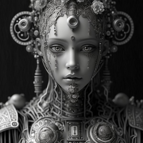 Robot Girl - Digital Art Print, AI Generated, Wall Art, Square, AI Art, Digital Download, Home Decor, Printable, Midjourney, Sci Fi,