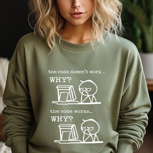 Può includere: Felpa verde oliva con la scritta bianca "the code doesn't work.. WHY?" e "the code works... WHY?". La grafica presenta un computer e un volto arrabbiato. Stile casual.