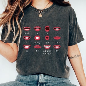 Op de afbeelding: Donkergrijs t-shirt met een afbeelding van rode lippen die mondvormen voor verschillende geluiden laten zien. Het shirt toont de letters a, e, i, u, o, r, l, ch, sh, j, q, w, b, m, p, ee, f, v, c, d, g, k, n, s, t, x, y, z en th.