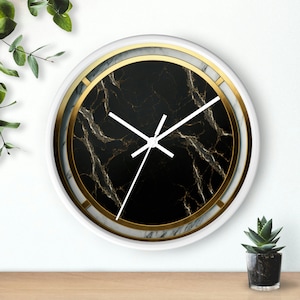 Black and Gold Marble Wall Clock, minimalist clock, minimal home decor, for the office, unique home decor