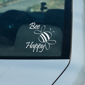 Naklejka z wycinanym winylem Bee Happy na lusterka samochodowe, do notesów, laptopów, ścian, dla miłośników pszczół, miłośników przyrody, ratujących pszczoły, wodoodporna